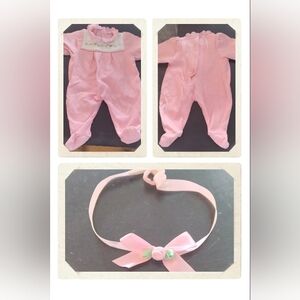 American Girl Doll Bitty Baby Long Sleeve Footed Pink Floral Bib Onesie/Headband